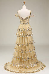 Golden Off The Shoulder Tiered Prom Dress